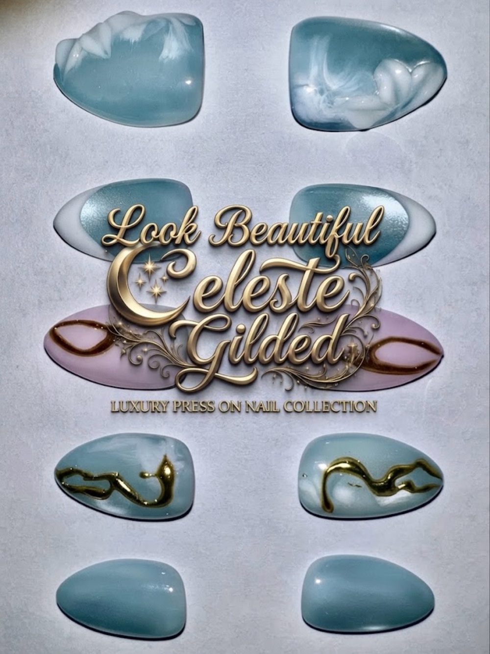 Look Beautiful luxury Celeste Gilded custom made Press On Nails reusable